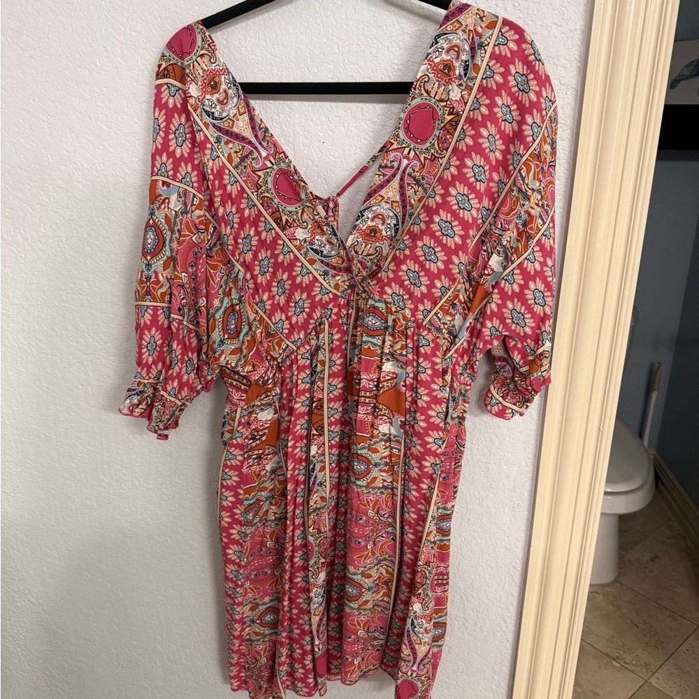 Pink Floral Paisley Print Boho Mini Dress